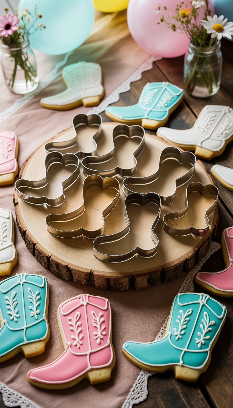 Cowgirl boot-shaped cookie cutters and decorated cookies arranged on a wooden table with baby shower decorations in the background.